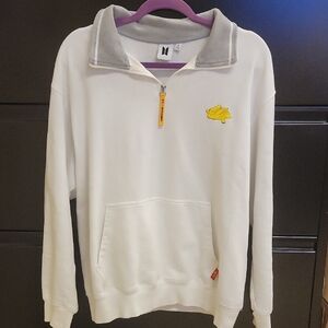 White and Gray Half-Zip Sweatshirt with Yellow Accent